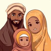 bezaubernd Karikatur Benutzerbild von traditionell Kleidung arabisch Familie zusammen, eid Mubarak Konzept. generativ ai foto