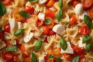 Pasta farbig farfalle Salat mit Tomaten, Mozzarella und Basilikum. Illustration ai generativ foto