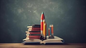 Bücher und Rakete. Bildung Konzept. Illustration ai generativ foto