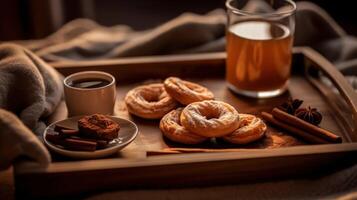 Tasse von Kaffee und Donuts. Illustration ai generativ foto