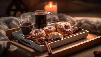 Tasse von Kaffee und Donuts. Illustration ai generativ foto