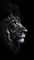 ein Porträt von ein majestätisch Löwe, starren aus zu das Seite, beleuchtet durch ein Ohnmacht Licht im das Dunkelheit. das Einzelheiten von das Löwen Pelz und Gesichts- Eigenschaften sind kaum sichtbar, generativ ai foto