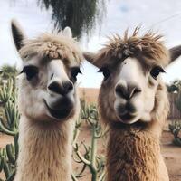 Porträt von zwei Lamas im ein Wüste Einstellung. mit ihr unverwechselbar Eigenschaften und wollig Mäntel. Sie sind Stehen Seite durch Seite, mit ihr Hälse gedehnt aus und ihr Kopf.. gemacht mit generativ ai foto