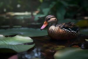 Stockente Ente Schwimmen auf ein heiter Lotus Teich. foto