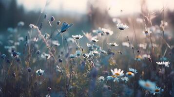 wild Blumen im ihr natürlich Lebensraum, mit Kamille, lila wild Erbsen, und Hintern. ,gemacht mit generativ ai. foto