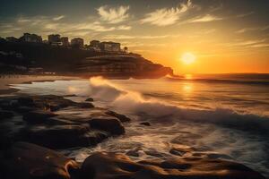 heiter Strand mit Felsen, Stadt Silhouette im Distanz, und bunt Sonnenuntergang ,gemacht mit generativ ai. foto
