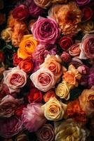 ein beschwingt Hintergrund von vielfältig farbig Rosen ,gemacht mit generativ ai. foto