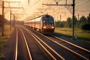 Technologie und Transport mit diese modern Zug. wie es Reisen entlang das Schiene, sich aalen im das golden Sonnenlicht Das leuchtet es ist Orange und Silber Außen, generativ ai foto