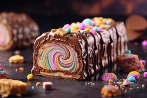 Süss Dessert Schokolade Eis Sahne rollen im sortiert Obst Aromen generativ ai foto