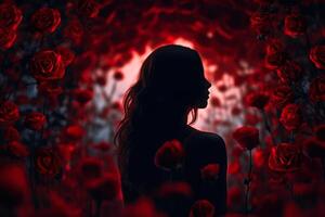 Silhouette von ein Mädchen im rot Rosen Hintergrund zum Liebe Karte generativ ai foto