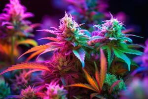 wachsend Cannabis Knospen im LED Licht Balken generativ ai foto