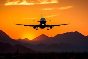 Landung Flugzeug im das Abend beim das Orange Himmel Hintergrund generativ ai foto