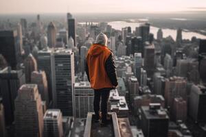 städtisch Mann auf oben von ein Hochhaus Gebäude unter das Metropole generativ ai foto