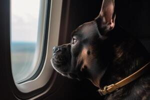 Hund auf das Flugzeug suchen aus das Fenster generativ ai foto