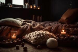 romantisch Stimmung durch Kerze Licht zum Entspannung im das Schlafzimmer generativ ai foto