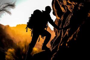 männlich Bergsteiger Klettern Berge dunkel Silhouette gegen das Hintergrund von das Sonne generativ ai foto