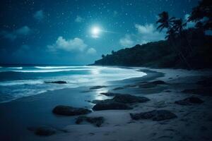 hell Nacht Landschaft durch das Meer beim voll Mond generativ ai foto