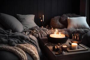 romantisch Stimmung im das Schlafzimmer durch Kerze Sanft Licht generativ ai foto