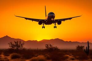 Landung Flugzeug im das Abend beim das Orange Himmel Hintergrund generativ ai foto