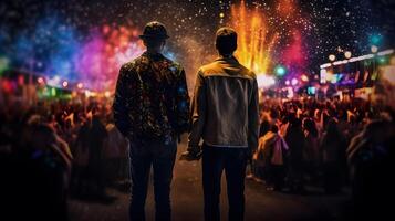 Männer Paar beim Nacht von Stolz Parade. Konzept von lgbt Stolz. ai generiert foto