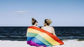 zwei Lesben Mädchen mit Regenbogen Flagge. Konzept von lgbt Stolz. ai generiert foto