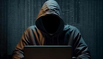 anonym Hacker ohne Gesicht Tippen Computer Laptop. Konzept von hacken Internet-Sicherheit, Cyberkriminalität, Cyber Attacke, usw. ai generiert foto