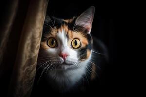 neugierig Kattun Katze späht aus von hinter ein Vorhang Illustration generativ ai foto