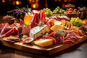 Gourmet Essen Wurstwaren Planke, präsentieren ein Vielfalt von köstlich handwerklich Käse, geheilt Fleisch, frisch Früchte, und Brot Illustration generativ ai foto