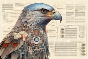 Falke Vogel Cyborg Tier detailliert Infografik, voll Einzelheiten Anatomie Poster Diagramm Illustration generativ ai foto