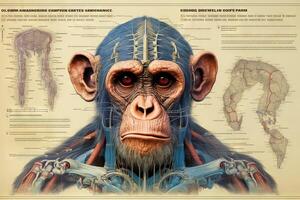 Schimpanse Affe Affe Cyborg Tier detailliert Infografik, voll Einzelheiten Anatomie Poster Diagramm Illustration generativ ai foto
