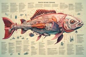 Gold Fisch Cyborg Tier detailliert Infografik, voll Einzelheiten Anatomie Poster Diagramm Illustration generativ ai foto