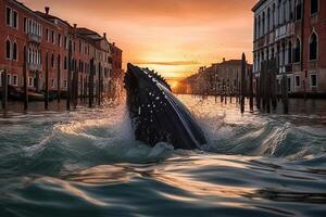 Buckel Wal verletzen durch das Kanäle von Venedig, umgeben durch bunt venezianisch Gondeln, Jahrgang Gebäude, und ein warm Sonnenuntergang Himmel Illustration generativ ai foto