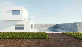 3d Rendern Außen modern Haus im minimal die Architektur Stil mit Sonnenlicht. foto