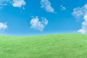 Grün Gras Feld und Blau Himmel mit Weiß Wolken. schön natürlich Wiese Landschaft foto