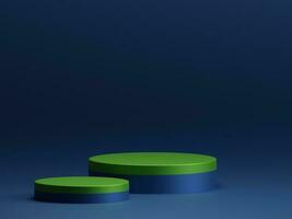 3d Rendern elegant Grün Oberfläche doppelt gerundet Podium zum Produkt Anzeige auf leeren dunkel Blau Hintergrund. 3d Attrappe, Lehrmodell, Simulation Illustration foto