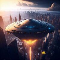 außerirdisch Raumschiff, UFO, fliegend Über ein Stadt. generativ künstlich Intelligenz. foto