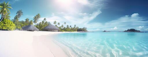 Himmel und Sonne beim Meer Hintergrund, Ozean und Strand Vektor Insel Landschaft leeren Karikatur. Ozean oder Meer Wasser mit Wellen und Wolken im Himmel Sommer- Blau Seelandschaft mit wolkig Himmel und Strand. generativ ai foto