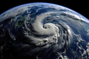 Super Taifun, tropisch Sturm, Zyklon, Hurrikan, Tornado, Über Ozean. Wetter Hintergrund. Taifun, Sturm, Sturm, Supersturm, Sturm bewegt sich zu das Boden. generativ ai. foto