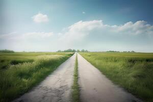 das Landschaft von Gras Felder und Blau Himmel Straße führen aus in das Distanz. generativ ai. foto