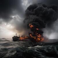 Feuer auf ein Ladung Schiff. ein Schiff Tragen verflüssigt Gas ist verschlungen im Flammen. Explosion und Feuer auf ein Gas Träger auf das hoch Meere. generativ ai. foto