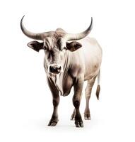 generativ ai Inhalt, Porträt von ein schwarz Stier mit Hörner isoliert auf ein Weiß Hintergrund, Nahansicht foto