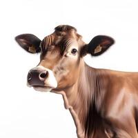 generativ ai Inhalt, Porträt von ein braun Kuh angehoben zum organisch Fleisch auf ein Weiß Hintergrund, isoliert Objekt. foto