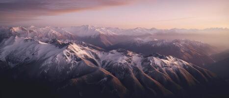 Antenne Aussicht von Flugzeug von Schnee bedeckt Berg Landschaft im Winter. bunt Rosa Himmel Kunst machen. generativ ai. foto