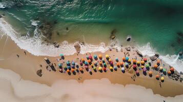 oben Aussicht von sandig Strand mit Türkis Meer Wasser und bunt Blau Regenschirme, Antenne Drohne Schuss. generativ ai. foto