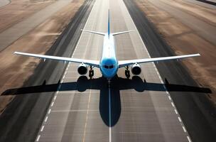 Flugzeug nehmen aus von Flughafen Landebahnen zum Reisen und Transport Geschäft. generativ ai. foto
