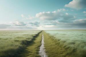 das Landschaft von Gras Felder und Blau Himmel Straße führen aus in das Distanz. generativ ai. foto