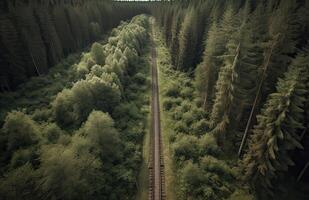 oben Aussicht von Grün Wald Landschaft Hintergrund Kunst. Antenne Natur Szene von Kiefer Bäume und Asphalt Straße Banner Design. Landschaft Pfad Trog Nadelbaum Holz bilden über. generativ ai. foto