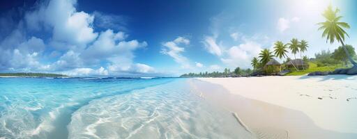 Himmel und Sonne beim Meer Hintergrund, Ozean und Strand Vektor Insel Landschaft leeren Karikatur. Ozean oder Meer Wasser mit Wellen und Wolken im Himmel Sommer- Blau Seelandschaft mit wolkig Himmel und Strand. generativ ai foto