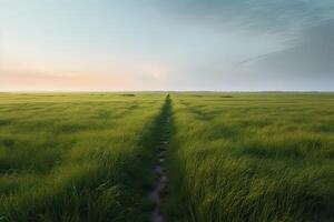 das Landschaft von Gras Felder und Blau Himmel Straße führen aus in das Distanz. generativ ai. foto