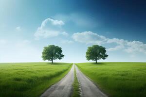 das Landschaft von Gras Felder und Blau Himmel Straße führen aus in das Distanz. generativ ai. foto